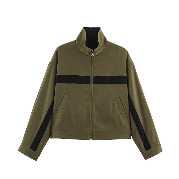 Unisex Kurz geschnittene Trackjacke mit Stehkragen, Kontraststreifen und Reißverschluss Drune