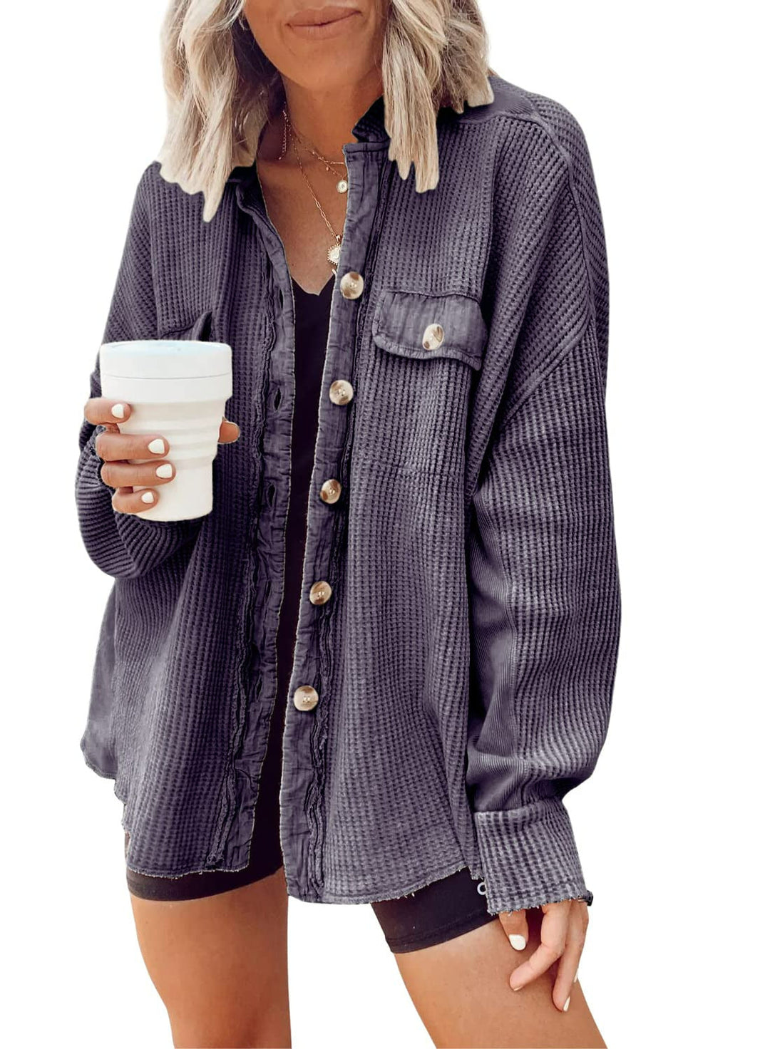 Damen Lässige Waffle-Strickjacke mit praktischen Taschen und Knopfdetails Drune