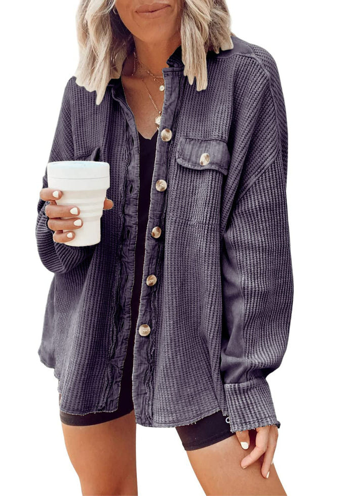 Damen Lässige Waffle-Strickjacke mit praktischen Taschen und Knopfdetails Drune