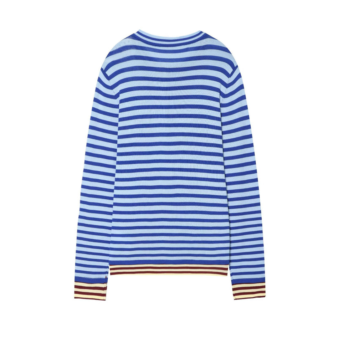 Damen Gestreifter Feinstrickpullover mit Rundhalsausschnitt und kontrastierenden Bündchen Drune