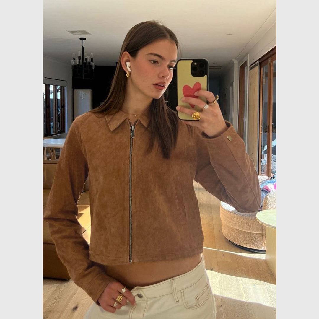 Damen Kurzgeschnittene Wildlederoptik Blousonjacke mit Hemdkragen und Reißverschluss Drune