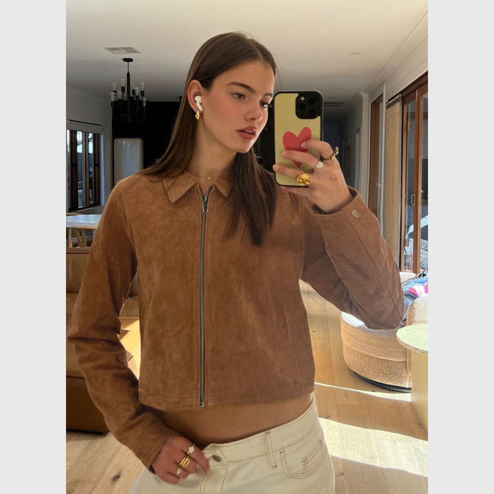 Damen Kurzgeschnittene Wildlederoptik Blousonjacke mit Hemdkragen und Reißverschluss Drune