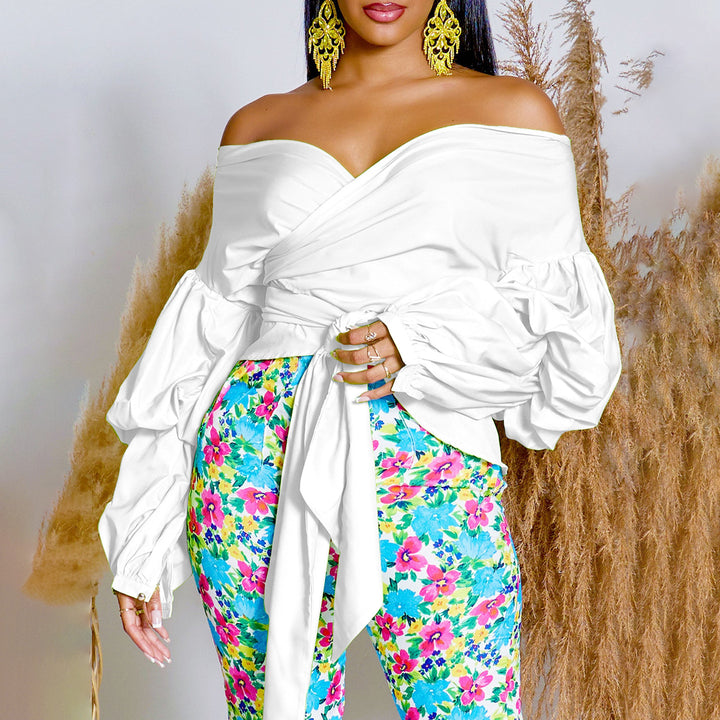 Damen Wickelbluse mit voluminösen Ärmeln und elegantem Taillengürtel Drune