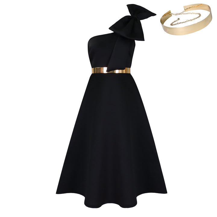 Damen schulterfreies Kleid mit stilvollem Halstuch und goldener Akzent Drune