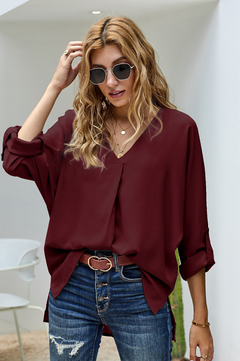 Damen Bluse mit V-Ausschnitt und lässigen langen Ärmeln Drune