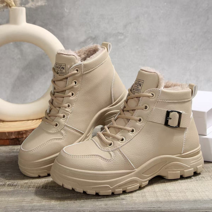 Damen  gefütterte Plateau-Schnürstiefelette mit dekorativer Metallschnalle und profilierter Gummilaufsohle Drune