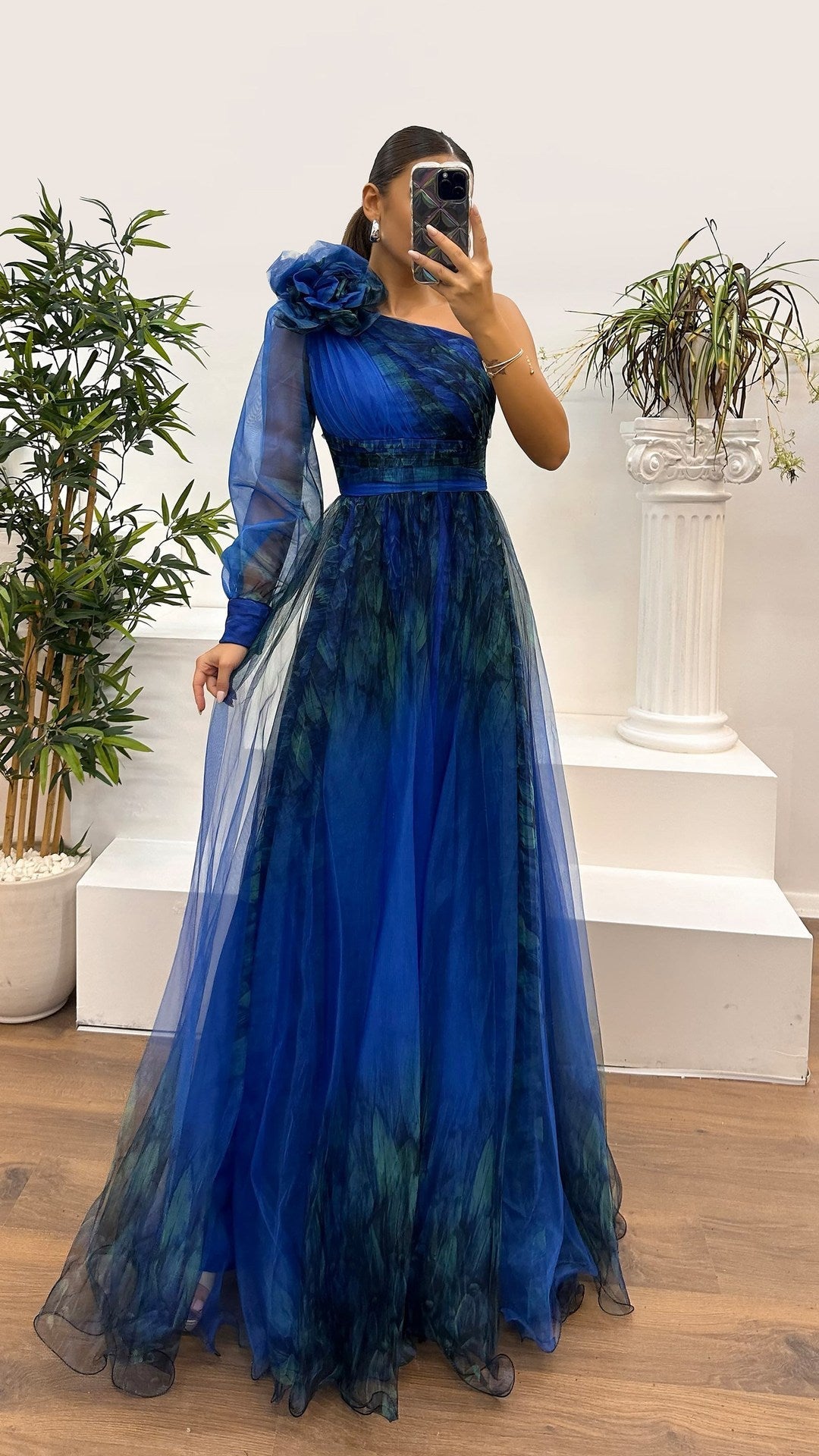 Drune | Frühling Herbst Schräg Schulter Mesh Blumenmuster Kleid Lässig Locker Festlich Kleid