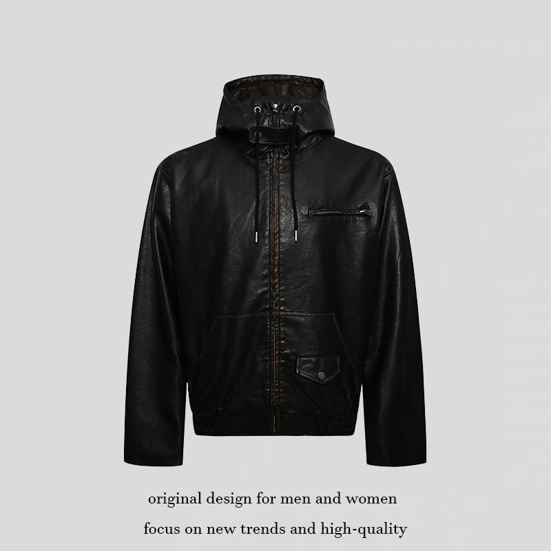 Herren Kapuzen-Lederjacke im Utility-Stil mit Reißverschluss und Kängurutasche Drune