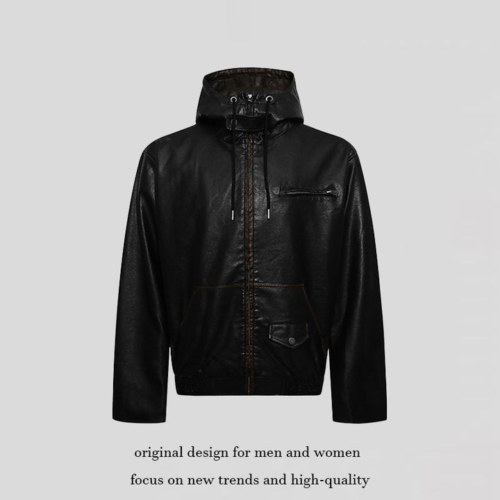 Herren Kapuzen-Lederjacke im Utility-Stil mit Reißverschluss und Kängurutasche Drune