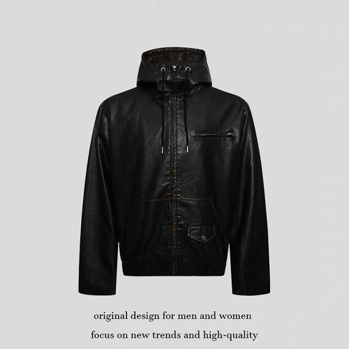 Herren Kapuzen-Lederjacke im Utility-Stil mit Reißverschluss und Kängurutasche Drune