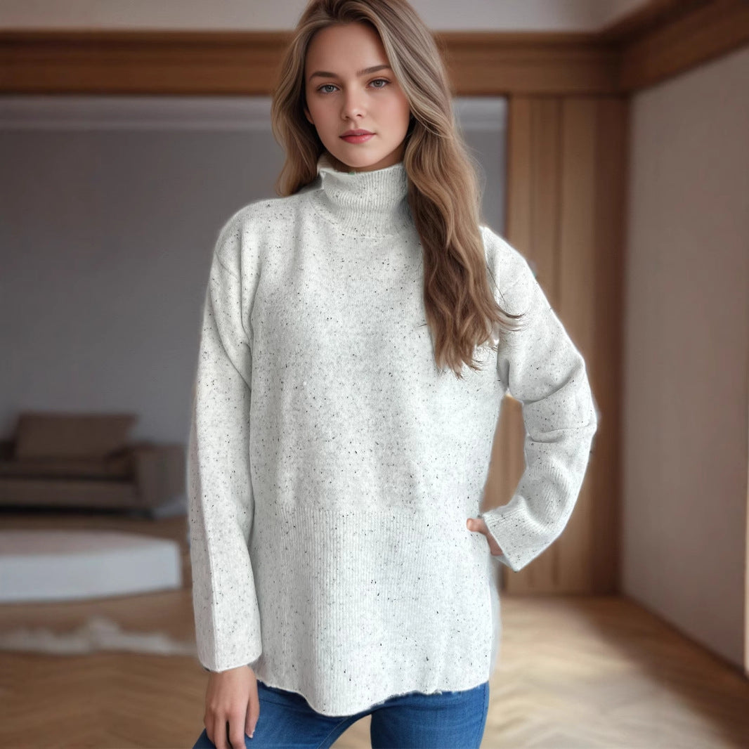 Damen lässiger Pullover mit hohem Kragen und praktischen Seitentaschen Drune