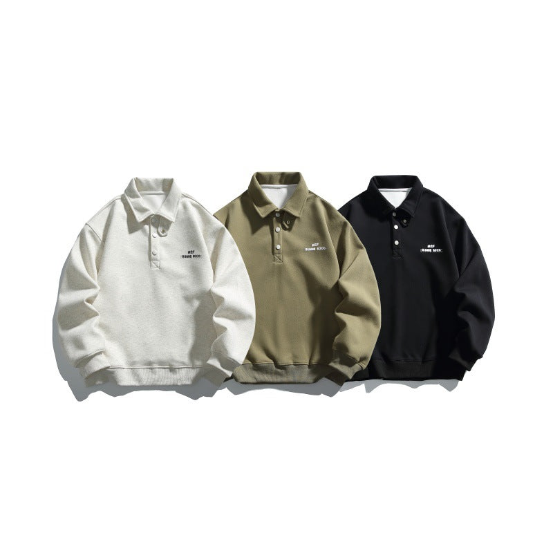Unisex Casual-Polo-Sweatshirt mit kurzem Druckknopfverschluss und geripptem Saum Drune