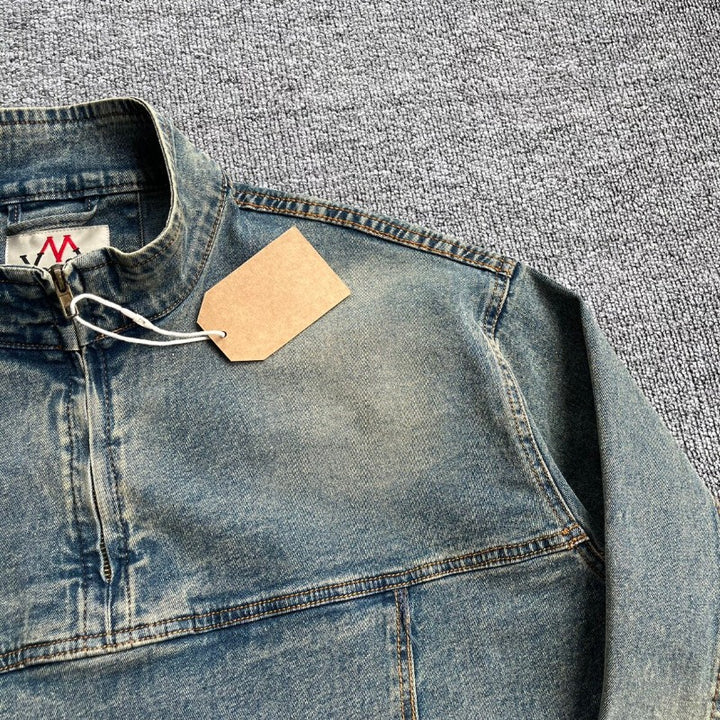 Herren Denim-Pulloverjacke im Vintage-Look mit Halbzip und Stehkragen Drune