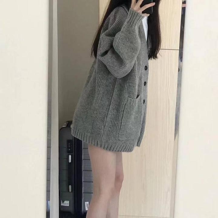 Damen oversized Strickjacke mit Knopfverschluss und praktischen Taschen Drune