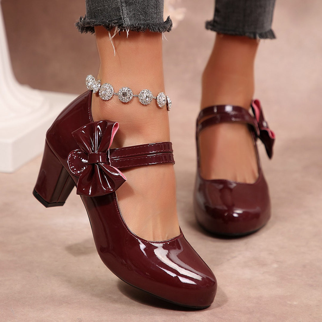 Damen Lack-Mary-Jane Pumps mit dekorativer Schleife und mittelhohem Blockabsatz Drune