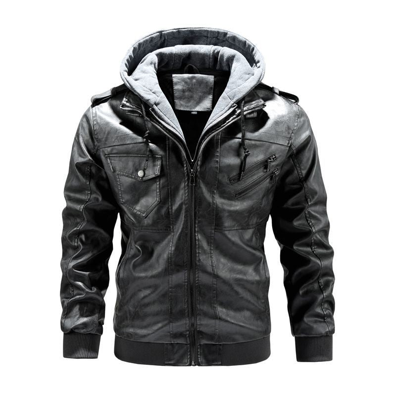 Herren Stylische Kunstlederjacke mit Kapuze Drune