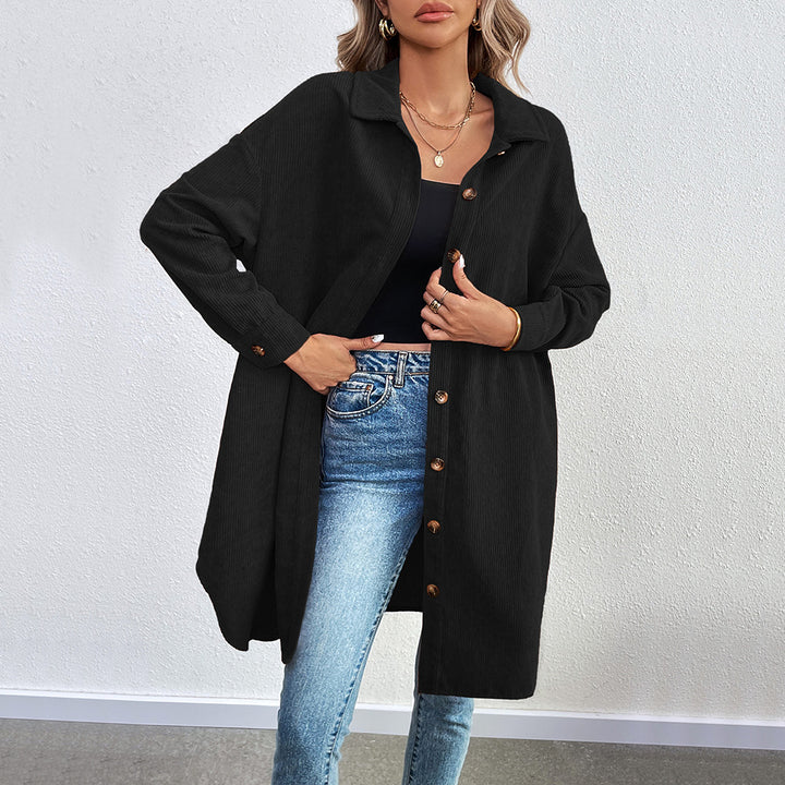 Damen lange Oversize-Cord-Hemdjacke mit durchgehender Knopfleiste und Hemdblusen-Kragen Drune