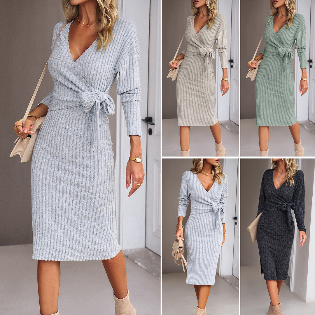 Damen Rippstrick-Wickelmidikleid mit Taillenschleife Drune