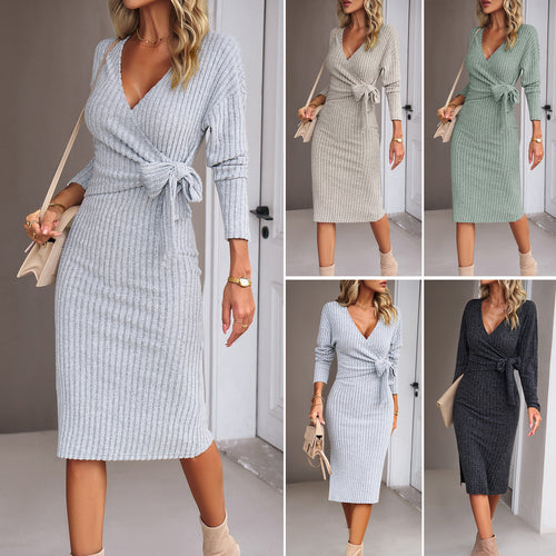 Damen Rippstrick-Wickelmidikleid mit Taillenschleife Drune