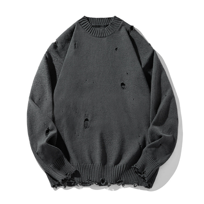 Unisex Oversize Strickpullover mit Vintage-Löchermotiv, Rundhalsausschnitt und gerippten Bündchen Drune