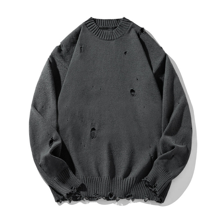 Unisex Oversize Strickpullover mit Destroyed‑Optik, Rundhalsausschnitt und gerippten Bündchen Drune