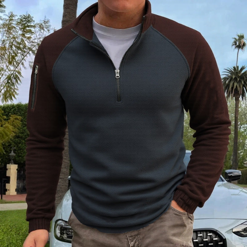 Herren slimfit Halbzip-Pullover mit Raglanärmeln, Waffelstruktur und Ärmeltasche Drune