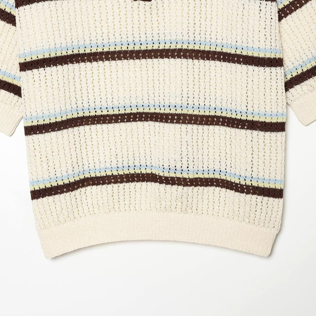 Damen Kurzarm-Polopullover aus Lochstrick mit offenem V-Ausschnitt Drune