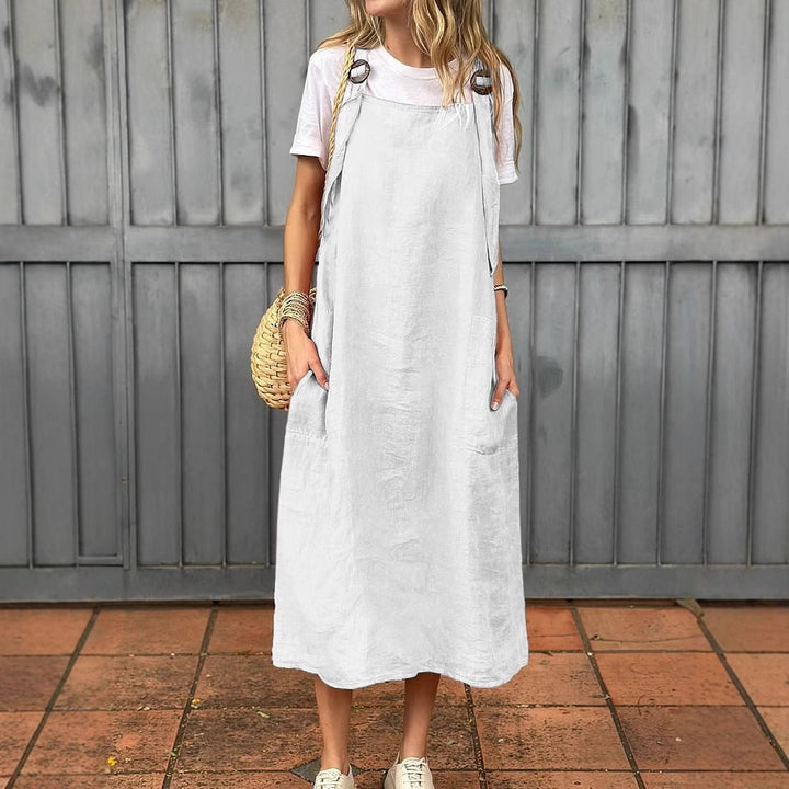 Damen lässiges Leinenkleid mit praktischen Taschen und verstellbaren Trägern Drune