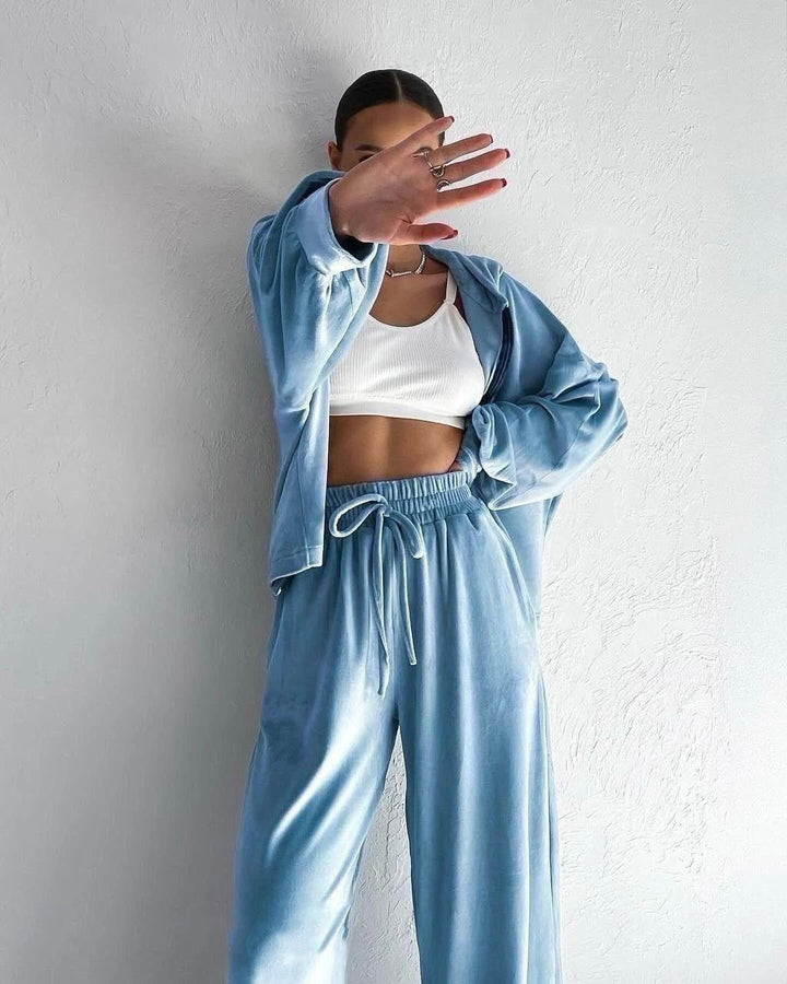Damen luxuriöses Velours-Lounge-Set mit kurzem Reißverschluss-Hoodie und weitem High-Waist-Hose Drune