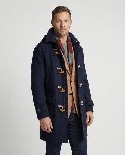 Herren stilvoller Dufflecoat aus hochwertiger Wolle mit Kapuze und praktischen Knöpfen Drune