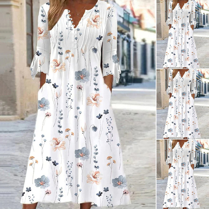 Damen nan fließendes Maxikleid mit V-Ausschnitt, Brustpasse, Volantärmeln und Eingrifftaschen Drune