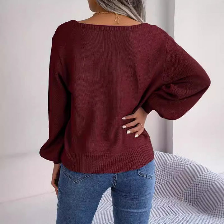 Damen Großer Strickpullover mit elegantem Quadrat-Ausschnitt und Zopfmuster Drune
