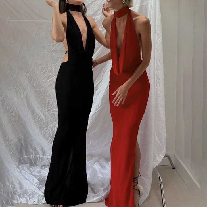 Damen Elegantes Abendkleid mit schimmerndem tiefem V-Ausschnitt und figurschmeichelnder Silhouette Drune