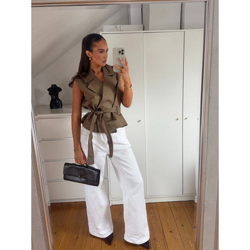 Damen Ärmellose taillierte Trench‑Weste mit Bindegürtel & Schulterpatten Drune