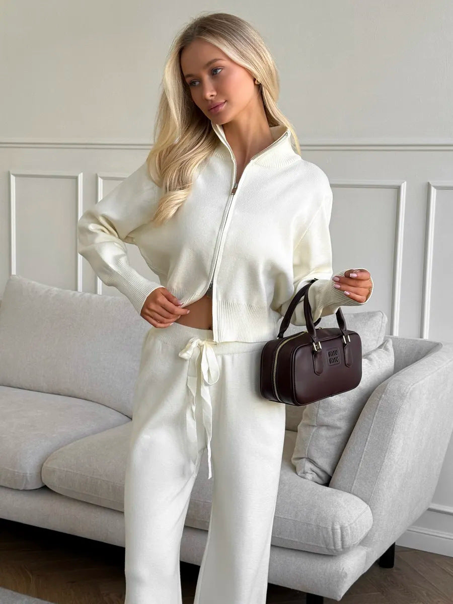 Damen nan gestricktes Loungewear-Zweiteiler mit kurzem Reißverschluss-Cardigan und weitem Highwaist-Hosenbein Drune