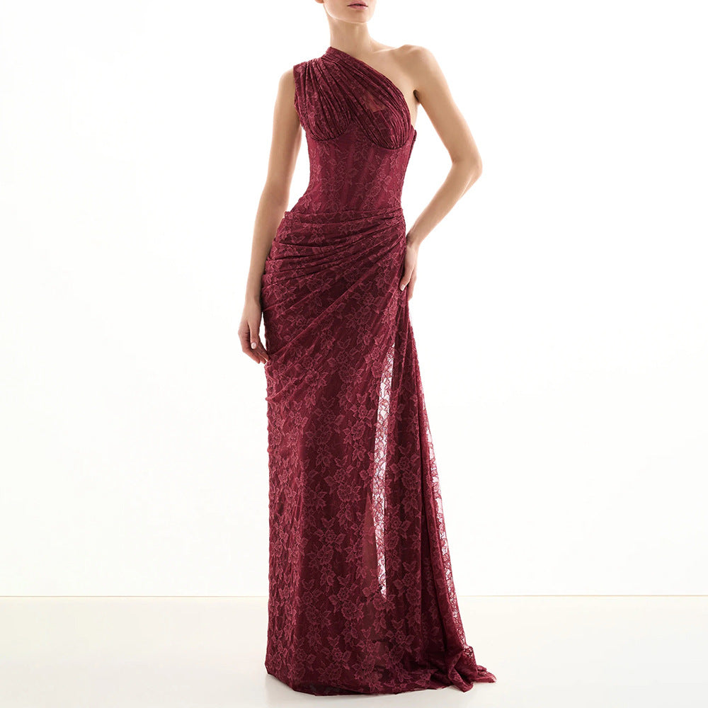 Damen elegantes Abendkleid mit asymmetrischem One-Shoulder-Design und floralem Spitzenbesatz Drune