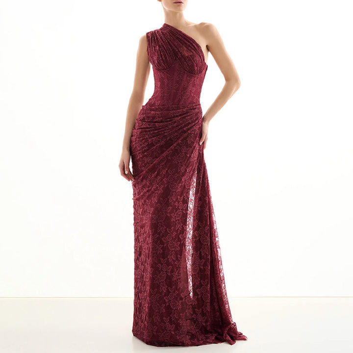 Damen elegantes Abendkleid mit asymmetrischem One-Shoulder-Design und floralem Spitzenbesatz Drune