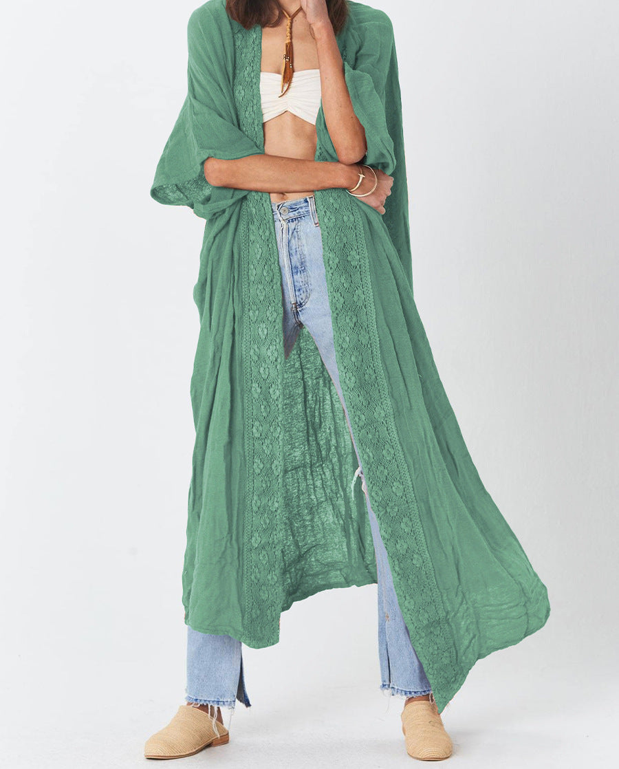Damen luftiger Kaftan mit feiner Häkelverzierung und weitem Schnitt Drune