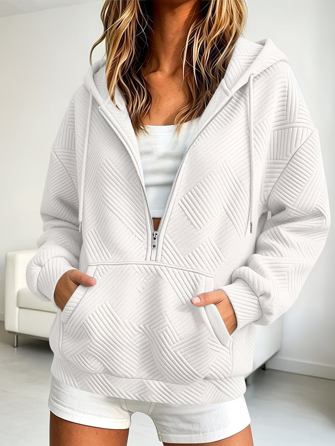 Damen Gequilteter Half-Zip Kapuzenpullover mit geometrischer Steppstruktur Drune