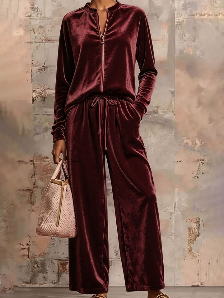 Damen nan samtiges Lounge-Set mit Stehkragen Reißverschlussoberteil und Kordelbundhose Drune