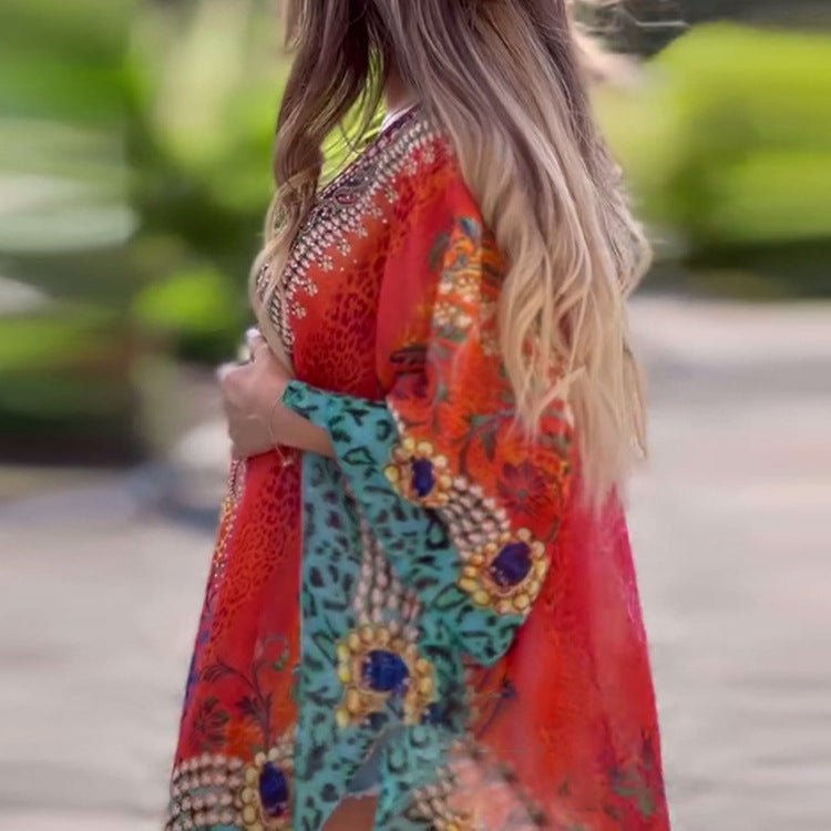 Damen Kaftan Kleid mit floralem Muster und weit geschnittenen Ärmeln Drune