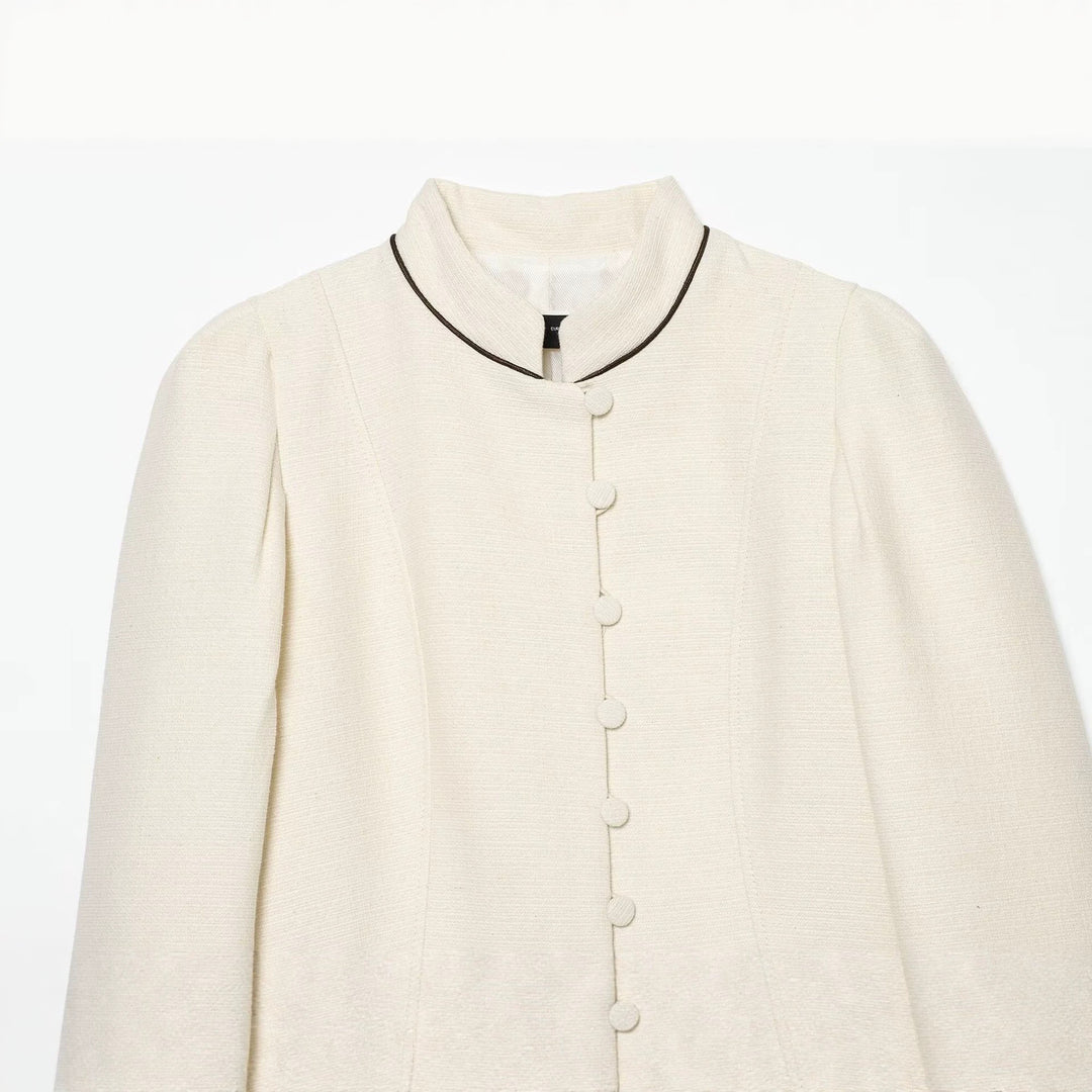 Damen Kurzblazer im Bouclé‑Look mit Stehkragen, dekorativen Knöpfen und Kontrastpaspel Drune