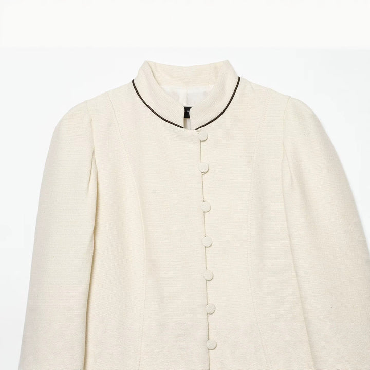 Damen Kurzblazer im Bouclé‑Look mit Stehkragen, dekorativen Knöpfen und Kontrastpaspel Drune