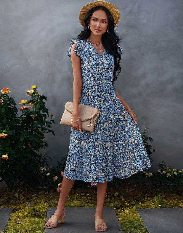 Damen A-Linien Kleid mit voluminösen Rüschenärmeln und floralen Details Drune
