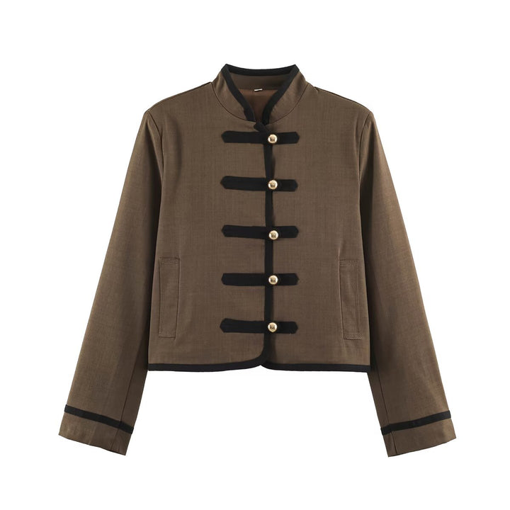 Damen Cropped Stehkragenjacke mit dekorativen Knebelverschlüssen und Boxy-Schnitt Drune