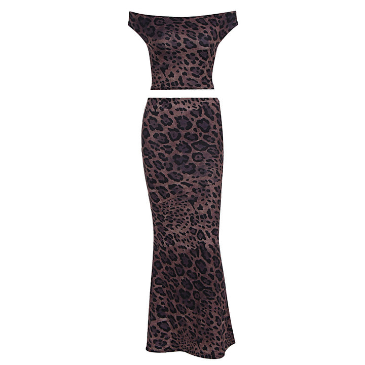 Damen Elegantes Maxikleid mit schulterfreiem Design und Leopardenmuster Drune