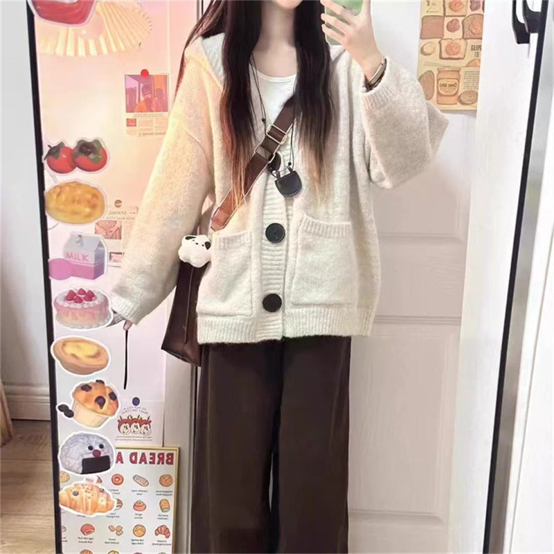Damen oversized Strickjacke mit großem Revers und Knopfverschluss Drune