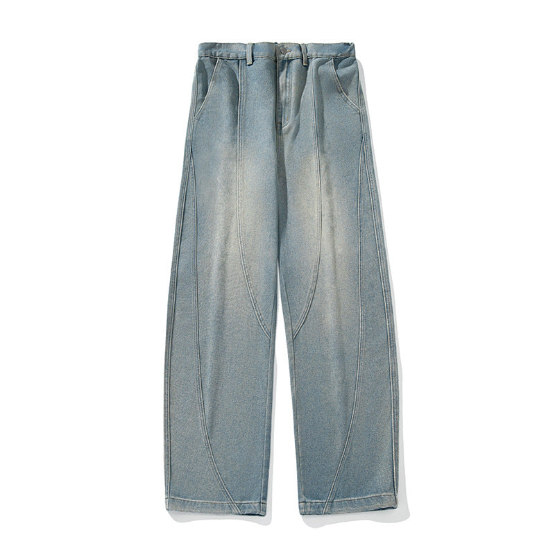 Herren Weite Denim-Hose mit kontrastierenden Einsatznähten und hohem Bund Drune