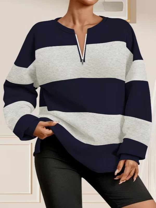 Damen Langarm Sweatshirt mit modernem Reißverschluss und gestreiftem Design Drune