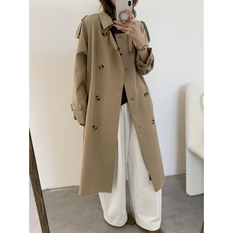 Damen langer doppelreihiger Trenchcoat mit Schulterklappen und Taillengürtel Drune